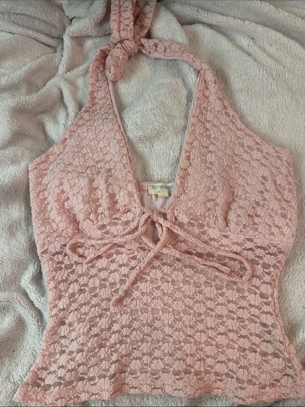 See You Monday Pink Lace Halter Tank Top